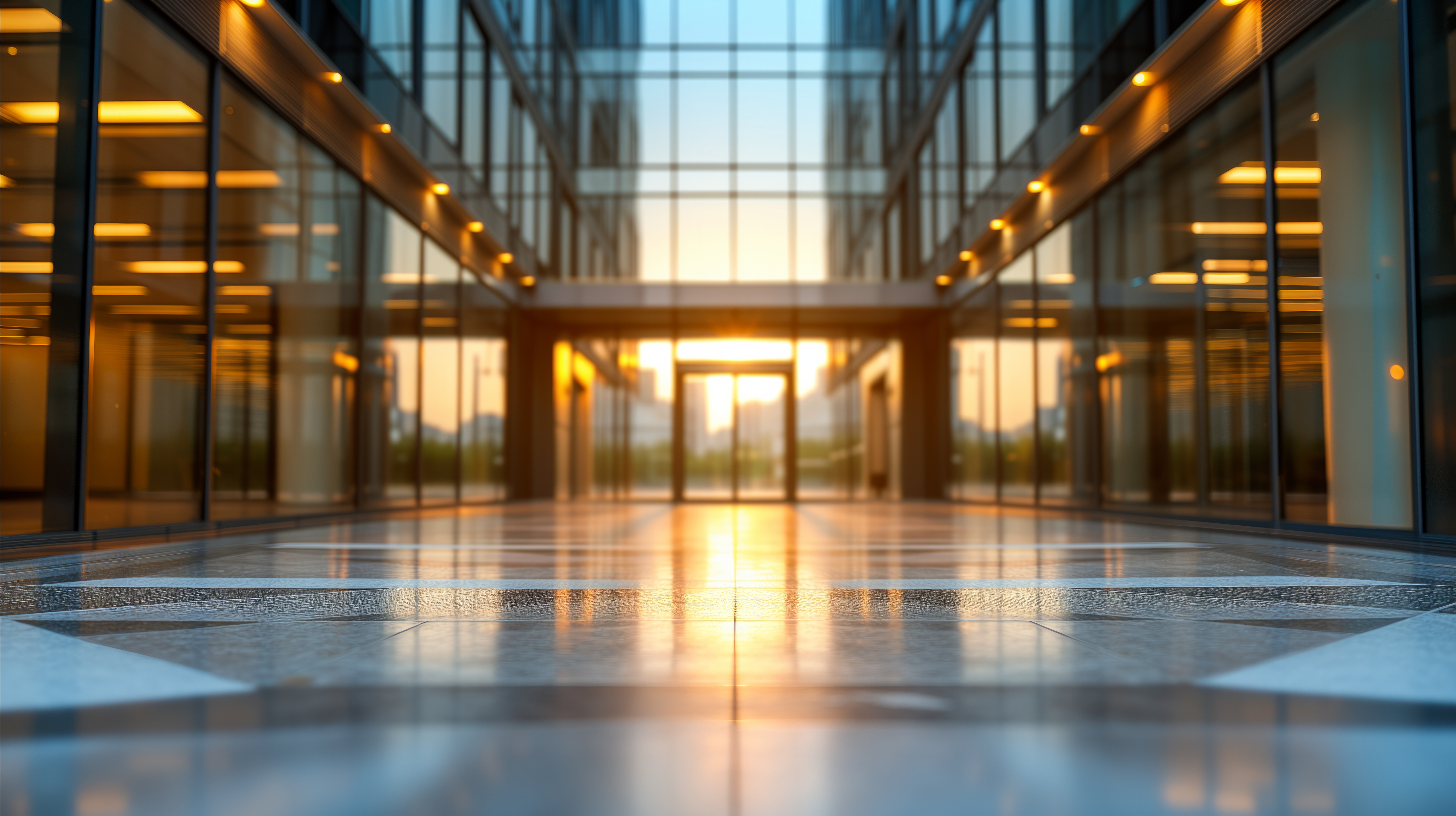 Commercial Office Low angle view of a contemporary office building lobby, showcasing reflections on the polished floor, with warm artificial lighting and sunset visible through the glass facade.
