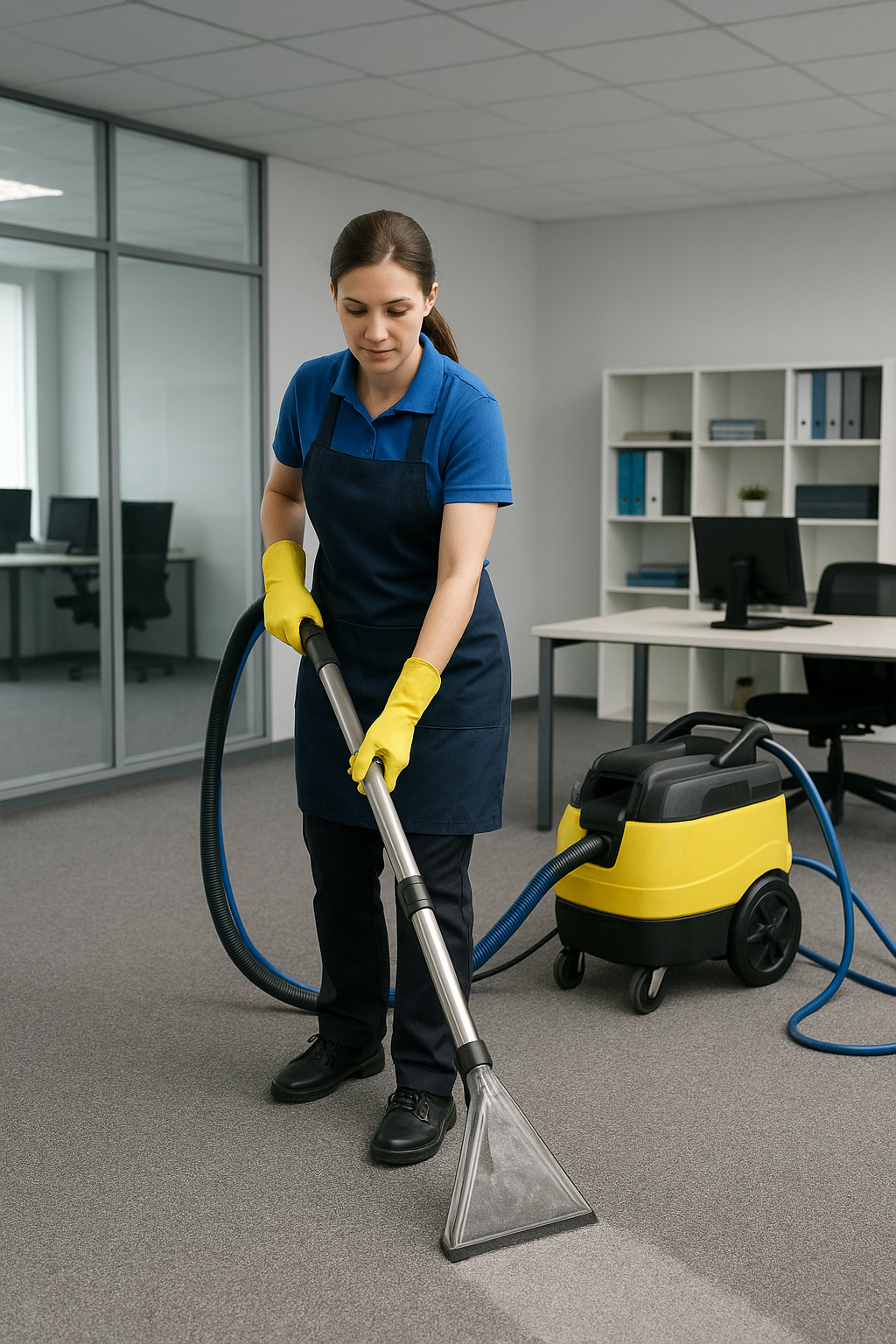 Cleaner using carpet shampooer on floor.